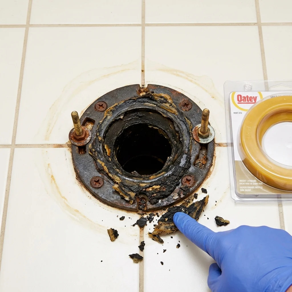 Failed wax ring showing water seepage at the base of a toilet in a Wayne, WV home