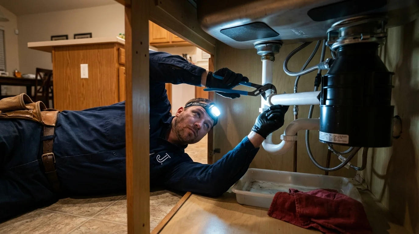 P-trap and supply line connections under a kitchen sink showing a common leak point in Wayne, WV